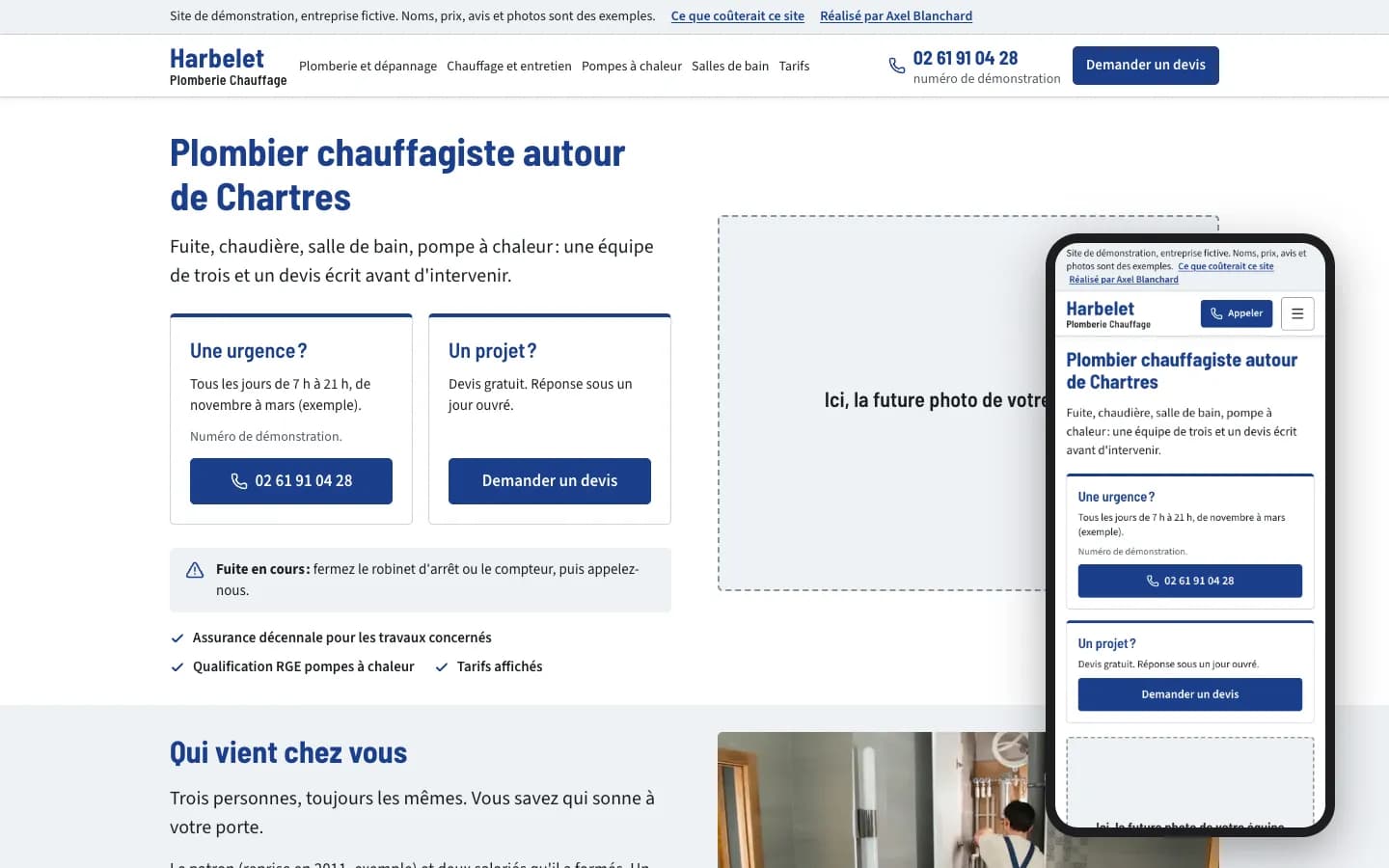 Accueil du site de démonstration Harbelet Plomberie Chauffage, sur ordinateur et sur téléphone
